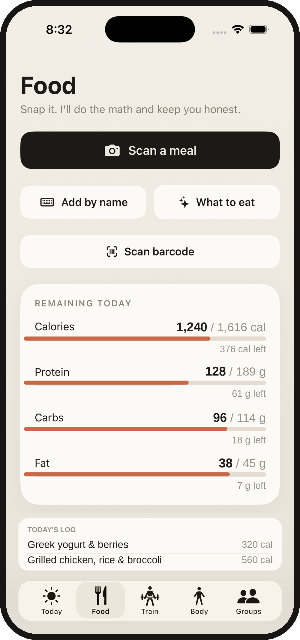 MeFit AI nutrition screen with calories and macros