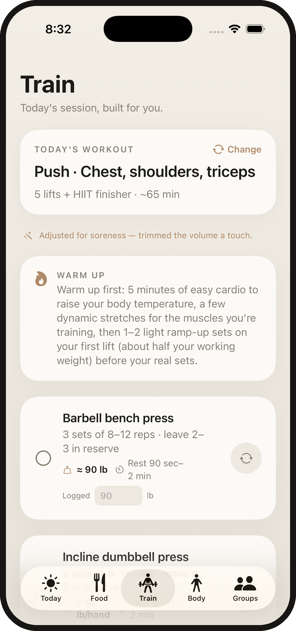 MeFit AI guided workout with sets and progression
