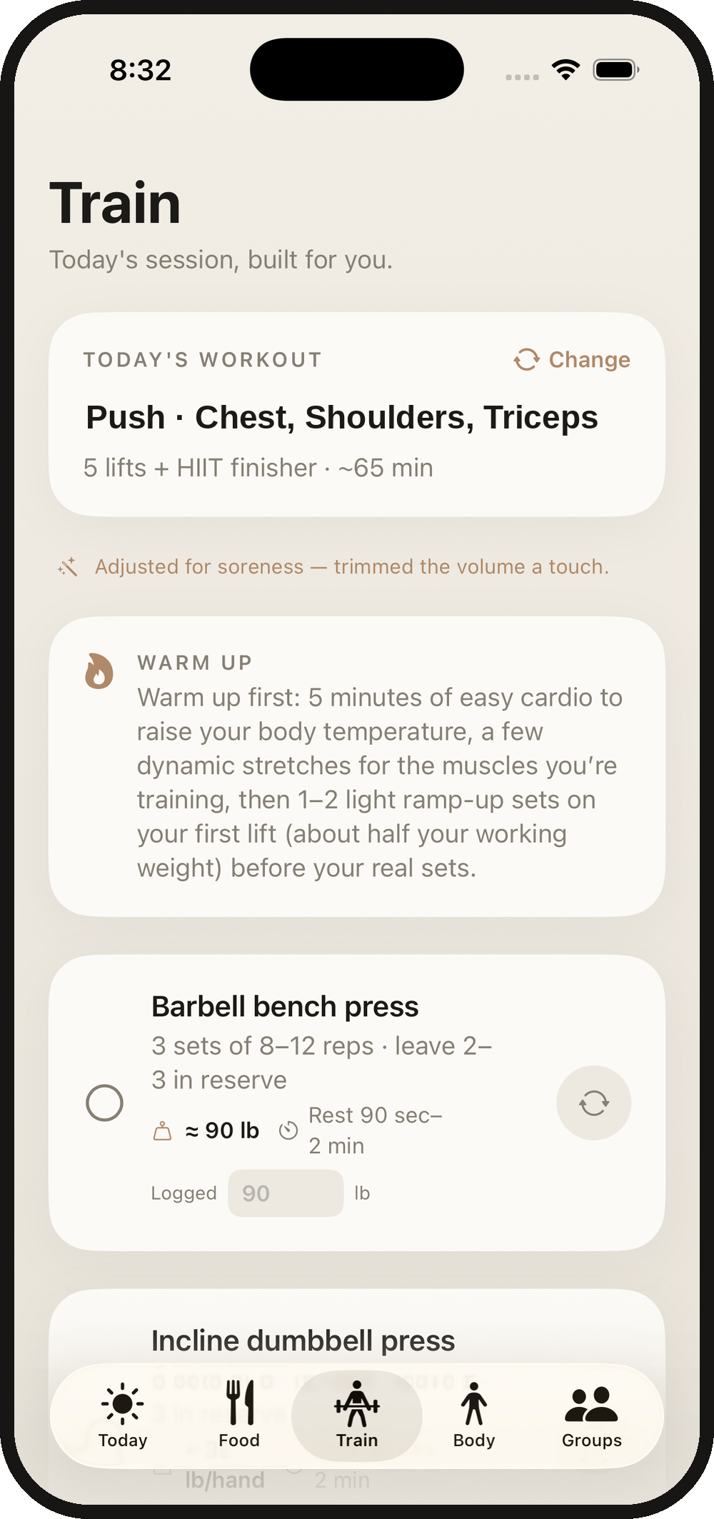 MeFit AI guided workout with sets and progression