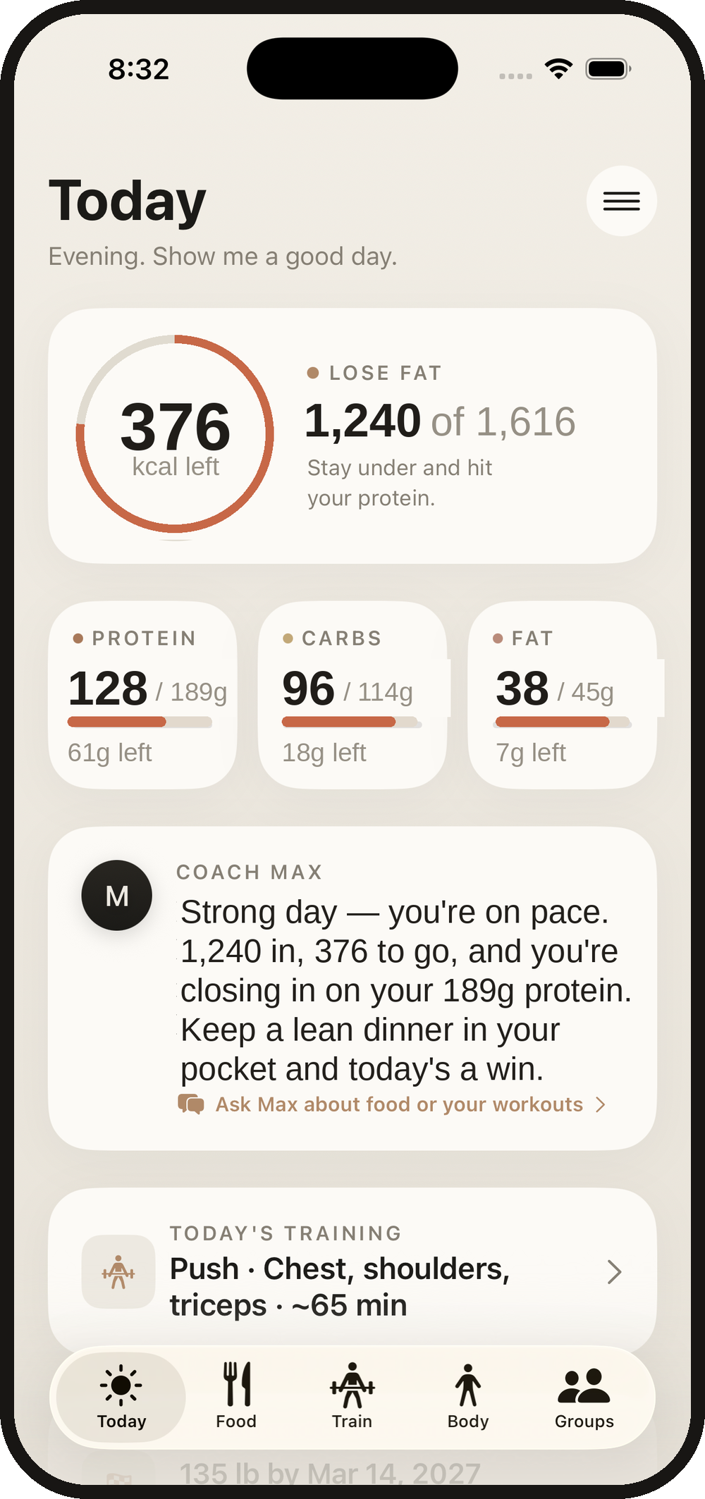 MeFit AI Today screen — calories, macros and coach