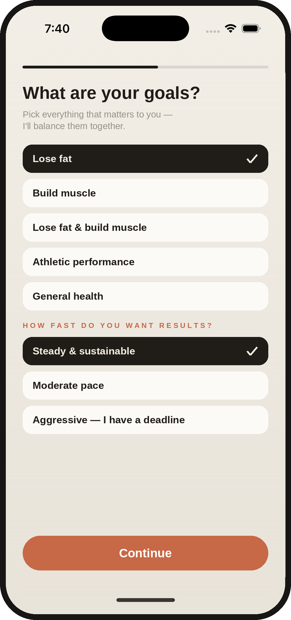 MeFit AI onboarding questionnaire asking about your goals and how fast you want results